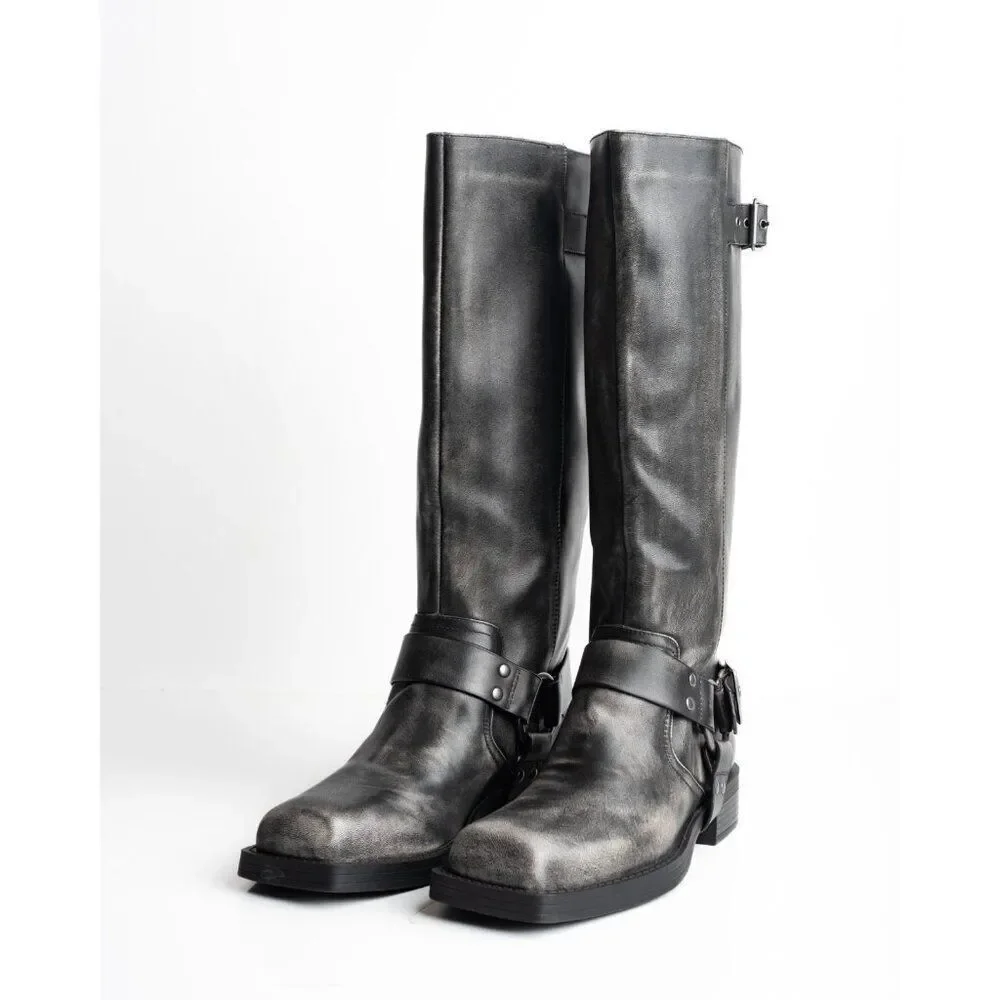 Pull&Bear Womens Leather Biker Boots Knee High Buckles EU 41 US 10 Gray distress